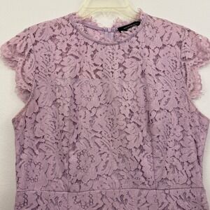 MEROKEETY Lace Sheath Dress Womens L Lavender Floral Cap Sleeve Wedding Guest